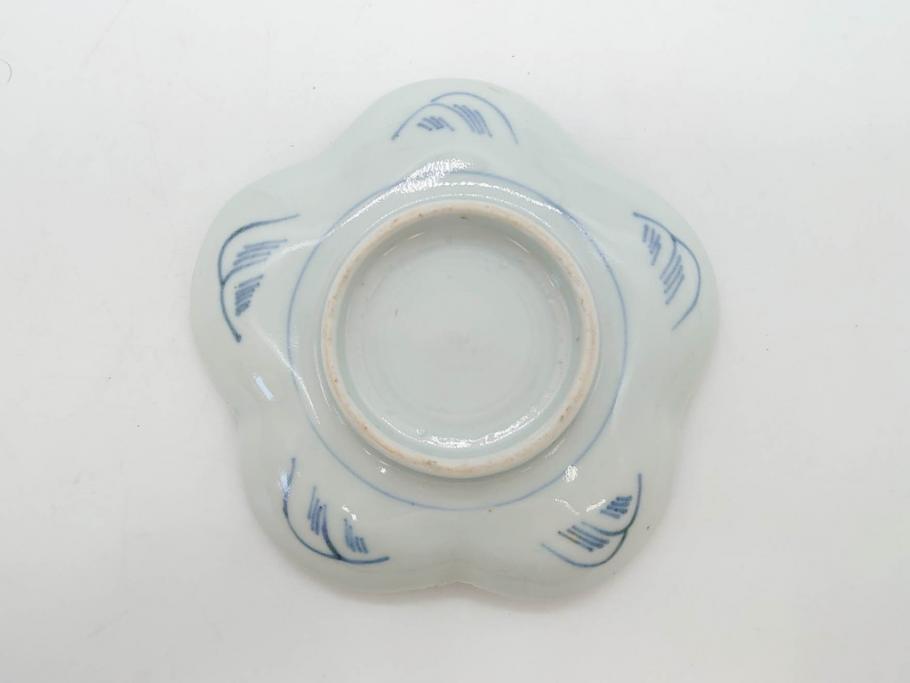 江戸期　古伊万里　染付　鶴亀図　輪花皿　約11cm　3.6寸　縁起の良い図柄が描かれた変形皿4枚セット(小皿、豆皿、和皿、和食器、三寸六分)(R-076851)