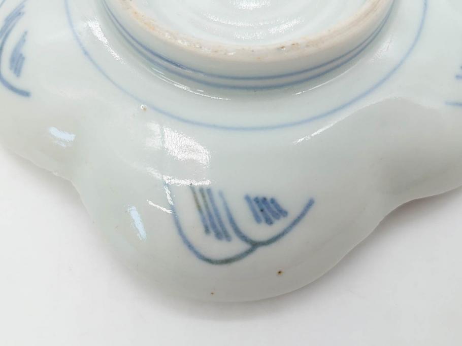 江戸期　古伊万里　染付　鶴亀図　輪花皿　約11cm　3.6寸　縁起の良い図柄が描かれた変形皿4枚セット(小皿、豆皿、和皿、和食器、三寸六分)(R-076851)