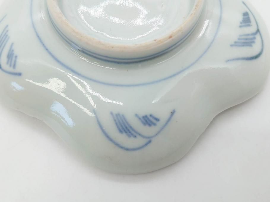 江戸期　古伊万里　染付　鶴亀図　輪花皿　約11cm　3.6寸　縁起の良い図柄が描かれた変形皿4枚セット(小皿、豆皿、和皿、和食器、三寸六分)(R-076851)