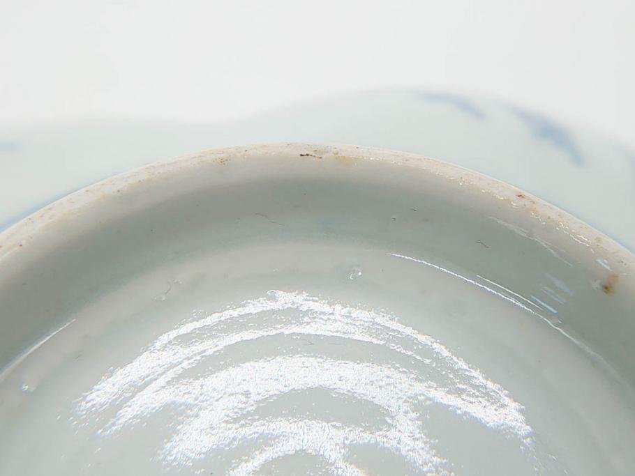 江戸期　古伊万里　染付　鶴亀図　輪花皿　約11cm　3.6寸　縁起の良い図柄が描かれた変形皿4枚セット(小皿、豆皿、和皿、和食器、三寸六分)(R-076851)