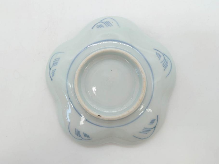 江戸期　古伊万里　染付　鶴亀図　輪花皿　約11cm　3.6寸　縁起の良い図柄が描かれた変形皿4枚セット(小皿、豆皿、和皿、和食器、三寸六分)(R-076851)