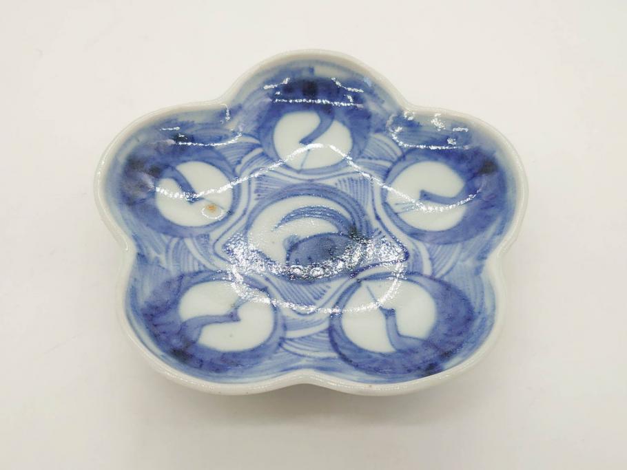 江戸期　古伊万里　染付　鶴亀図　輪花皿　約11cm　3.6寸　縁起の良い図柄が描かれた変形皿4枚セット(小皿、豆皿、和皿、和食器、三寸六分)(R-076851)