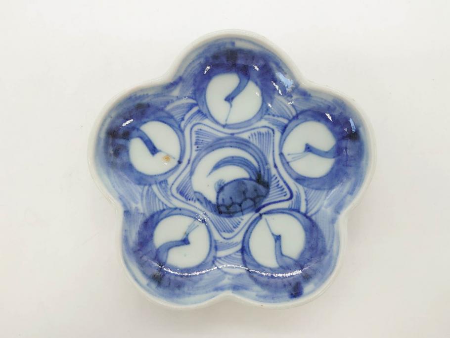 江戸期　古伊万里　染付　鶴亀図　輪花皿　約11cm　3.6寸　縁起の良い図柄が描かれた変形皿4枚セット(小皿、豆皿、和皿、和食器、三寸六分)(R-076851)