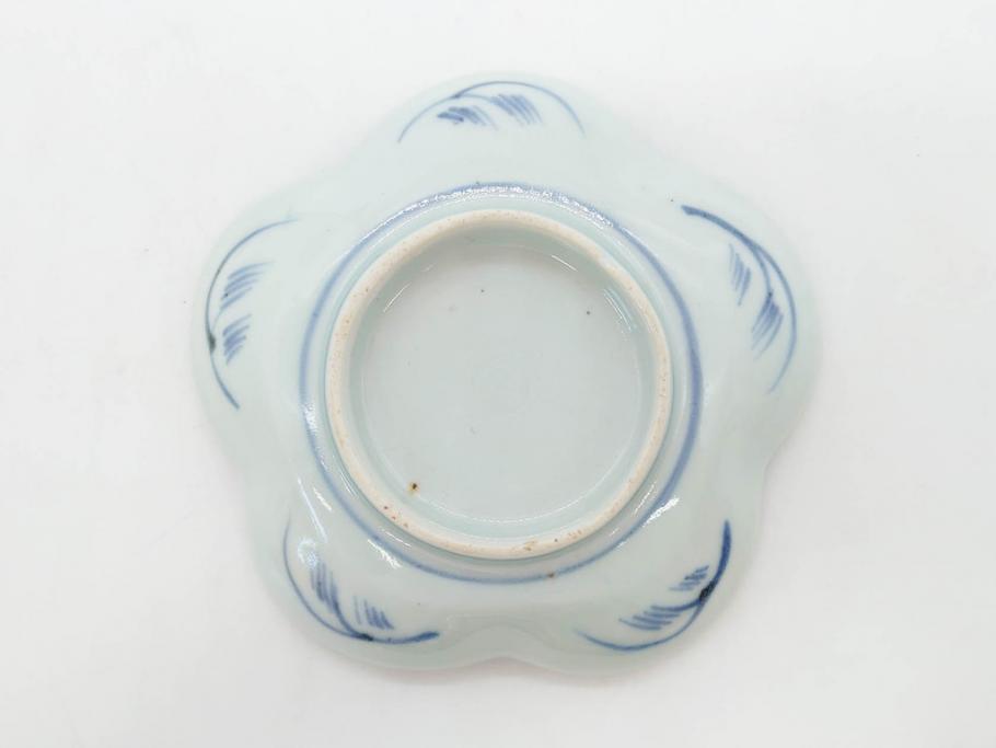 江戸期　古伊万里　染付　鶴亀図　輪花皿　約11cm　3.6寸　縁起の良い図柄が描かれた変形皿4枚セット(小皿、豆皿、和皿、和食器、三寸六分)(R-076851)