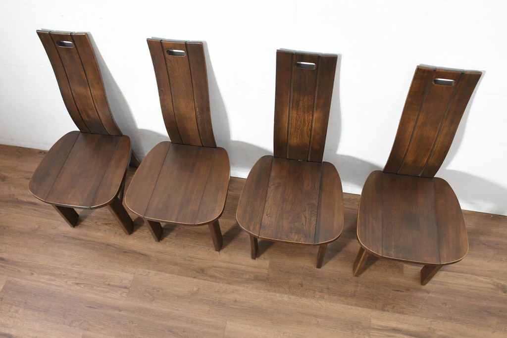 中古　美品　希少な廃番品!!　カリモク家具(karimoku)　ナラ(楢)材　持ち手付き　和モダンなハイバックチェア4脚セット(板座チェア、椅子、イス、バラ売り可能)(R-082709)