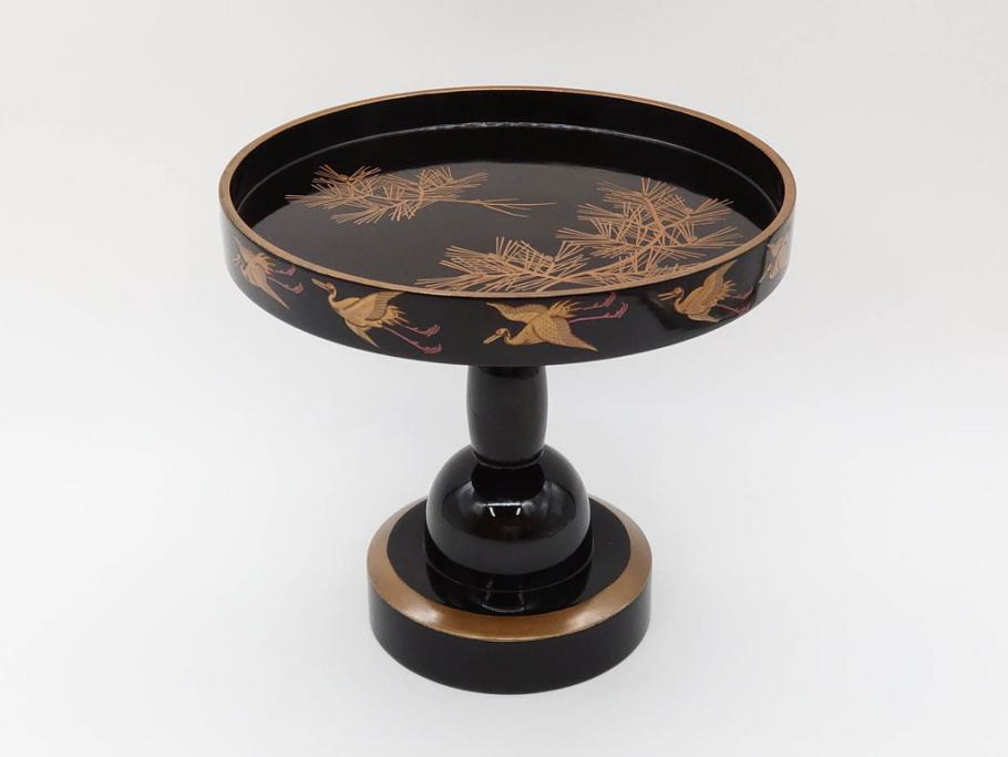 明治〜大正期　鶴松図　蒔絵　上品な和を演出する高杯(たかつき)(木製、菓子器、漆器、高月、盛器)(R-076861)