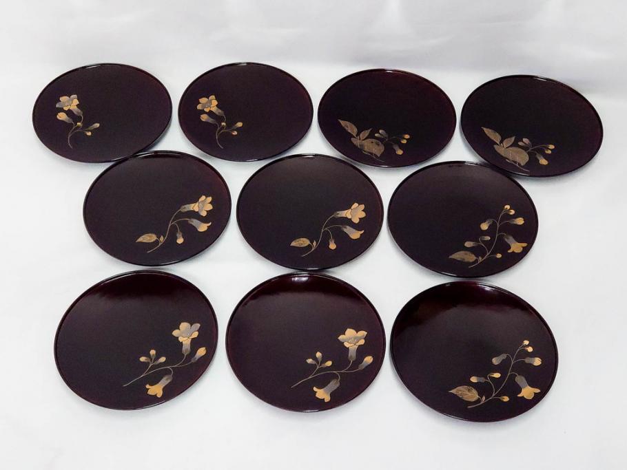 都筑幸哉作　輪島塗　蒔絵　松溜塗　桐の花　雅な佇まいの銘々盆10客セット(お盆、トレイ、トレー、銘々皿、木製、漆器、和食器、共箱付)(R-083556)