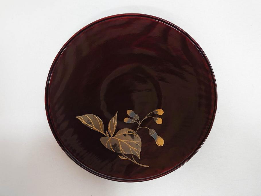 都筑幸哉作　輪島塗　蒔絵　松溜塗　桐の花　雅な佇まいの銘々盆10客セット(お盆、トレイ、トレー、銘々皿、木製、漆器、和食器、共箱付)(R-083556)