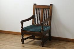 中古　松本民芸家具　洋館に似合う佇まいのD型布張り椅子(アームチェア、1人掛けソファ)(R-072965)
