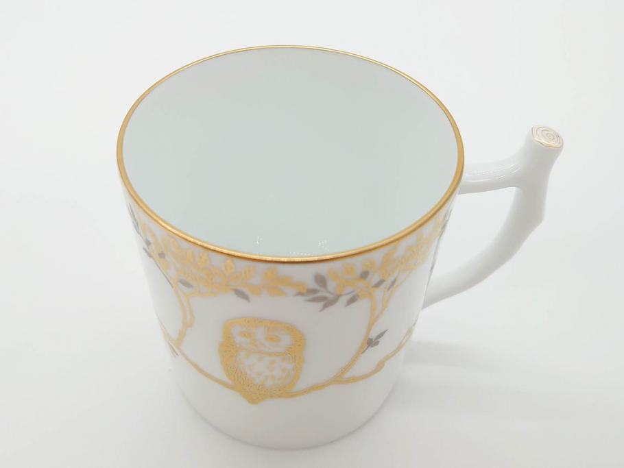大倉陶園(OKURA、OAC)　フクロウ　ゴールドのデザインが優美な印象を与えるマグカップ(洋食器、箱付き、梟、リス)(R-070218)