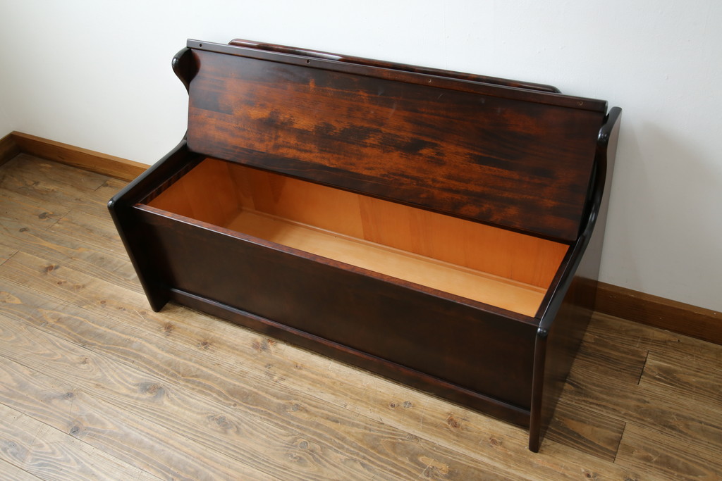 中古　美品　山室家具製作所　民芸家具　北の匠　木のぬくもりを感じる収納付きベンチ(板座チェア、長椅子、イス)(R-078102)
