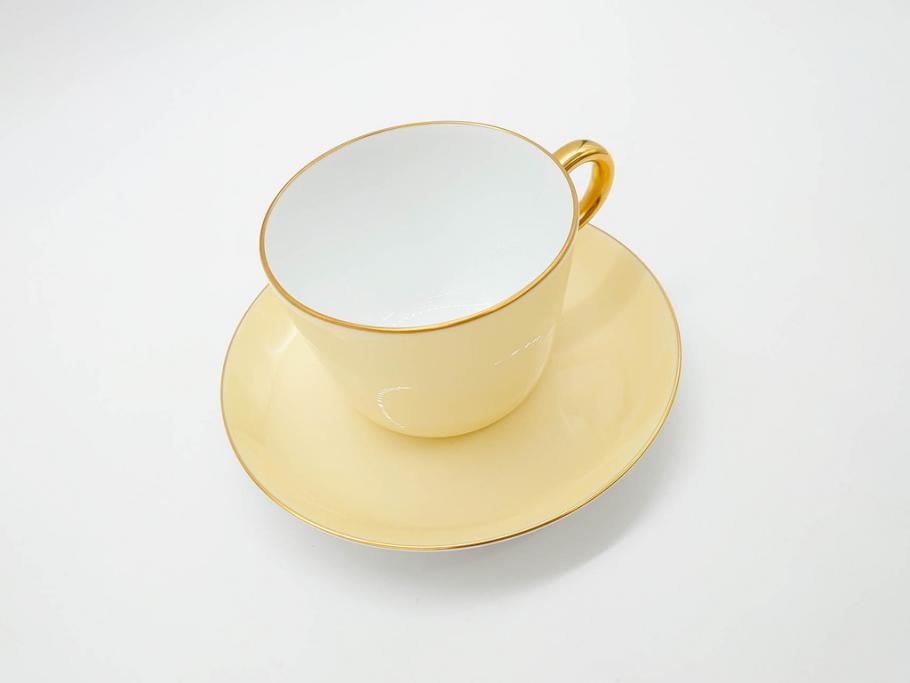 大倉陶園(OKURA、OAC)　色蒔き(クリーム)　シンプルながら上品な雰囲気を醸し出すモーニングカップ&ソーサー(洋食器、C&S、箱付き)(R-070219)