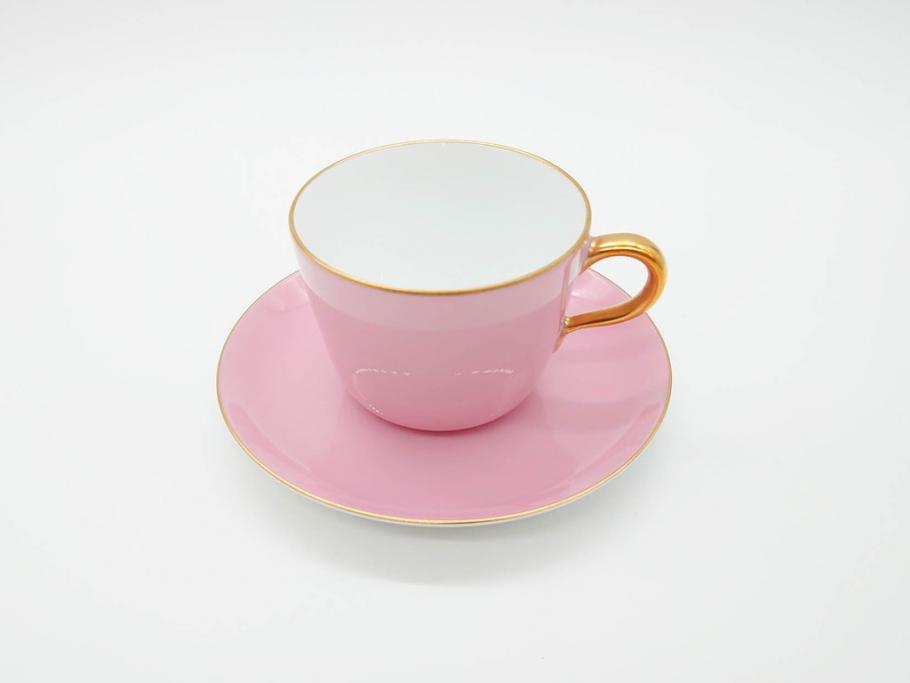 大倉陶園(OKURA、OAC)　色蒔き(ピンク)　シンプルながら上品な雰囲気を醸し出すモーニングカップ&ソーサー(洋食器、箱付き)(R-070220)