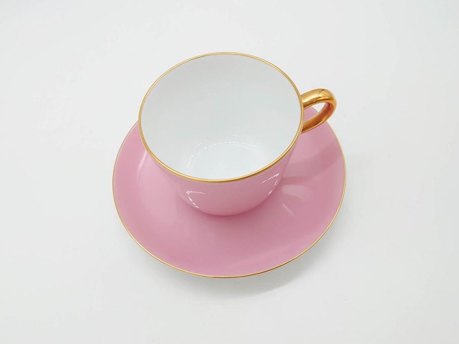 大倉陶園(OKURA、OAC)　色蒔き(ピンク)　シンプルながら上品な雰囲気を醸し出すモーニングカップ&ソーサー(洋食器、箱付き)(R-070220)