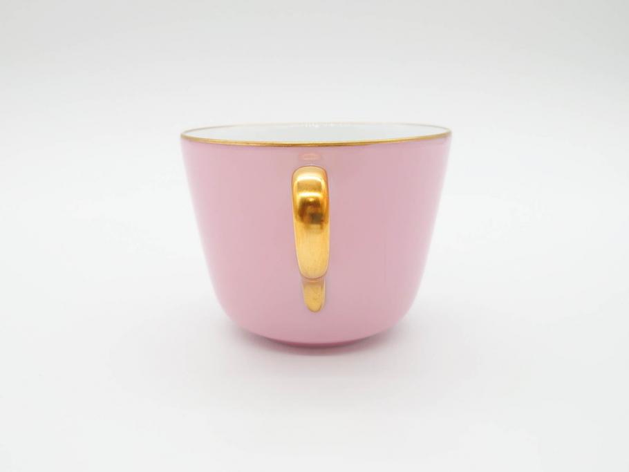 大倉陶園(OKURA、OAC)　色蒔き(ピンク)　シンプルながら上品な雰囲気を醸し出すモーニングカップ&ソーサー(洋食器、箱付き)(R-070220)