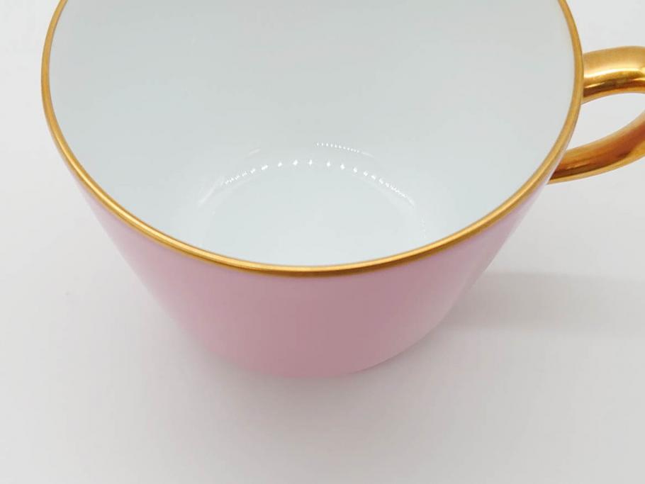 大倉陶園(OKURA、OAC)　色蒔き(ピンク)　シンプルながら上品な雰囲気を醸し出すモーニングカップ&ソーサー(洋食器、箱付き)(R-070220)