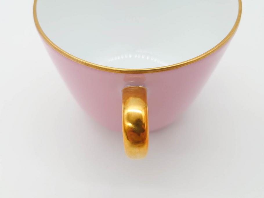 大倉陶園(OKURA、OAC)　色蒔き(ピンク)　シンプルながら上品な雰囲気を醸し出すモーニングカップ&ソーサー(洋食器、箱付き)(R-070220)