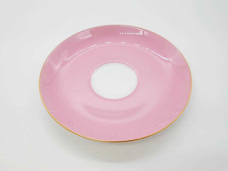 大倉陶園(OKURA、OAC)　色蒔き(ピンク)　シンプルながら上品な雰囲気を醸し出すモーニングカップ&ソーサー(洋食器、箱付き)(R-070220)