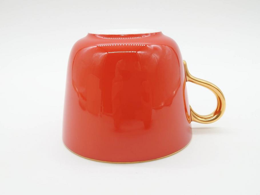 大倉陶園(OKURA、OAC)　色蒔き(レッド)　シンプルながら上品な雰囲気を醸し出すモーニングカップ&ソーサー(洋食器、箱付き)(R-070221)