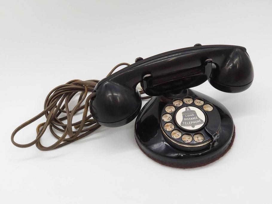 アメリカ　LONG DISTANCE TELEPHONE　レトロなデザインがお洒落なダイヤル式黒電話(電話機、USA、テレフォン)(R-076869)