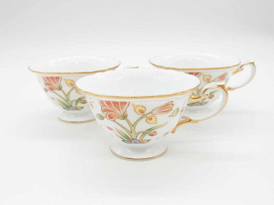 大倉陶園(OAC)　OKURA CHINA　フラワー　華やかな花のデザインが気分を上げてくれるティーカップ&ソーサー3客セット(箱付き、洋食器)(R-070260)