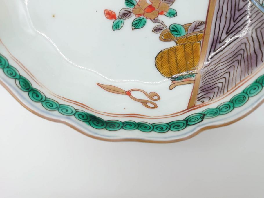 江戸〜明治期　伊万里　色絵　約16cm　5.1寸　多様な絵付けが目を惹くなます皿3枚セット(花盆、花鳥、はさみ、深皿、和食器、五寸一分)(R-070263)