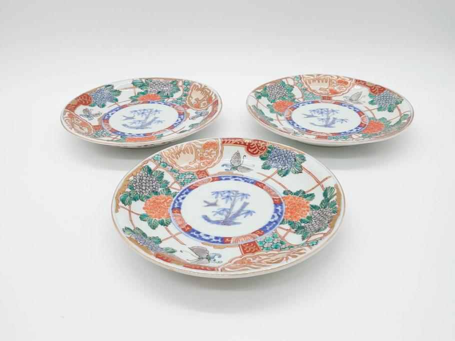 幕末　伊万里　色絵　7寸　約22cm　優雅に舞う蝶のデザインが魅力の中皿3枚セット(花蝶、鳳凰、鳥、竹、紫陽花、和食器、七寸)(R-070264)