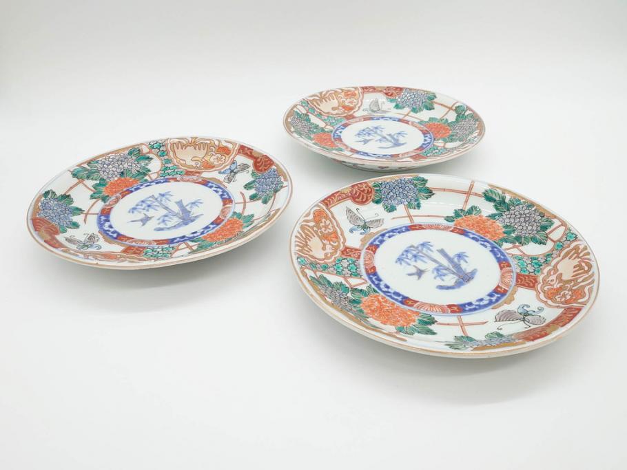 幕末　伊万里　色絵　7寸　約22cm　優雅に舞う蝶のデザインが魅力の中皿3枚セット(花蝶、鳳凰、鳥、竹、紫陽花、和食器、七寸)(R-070264)