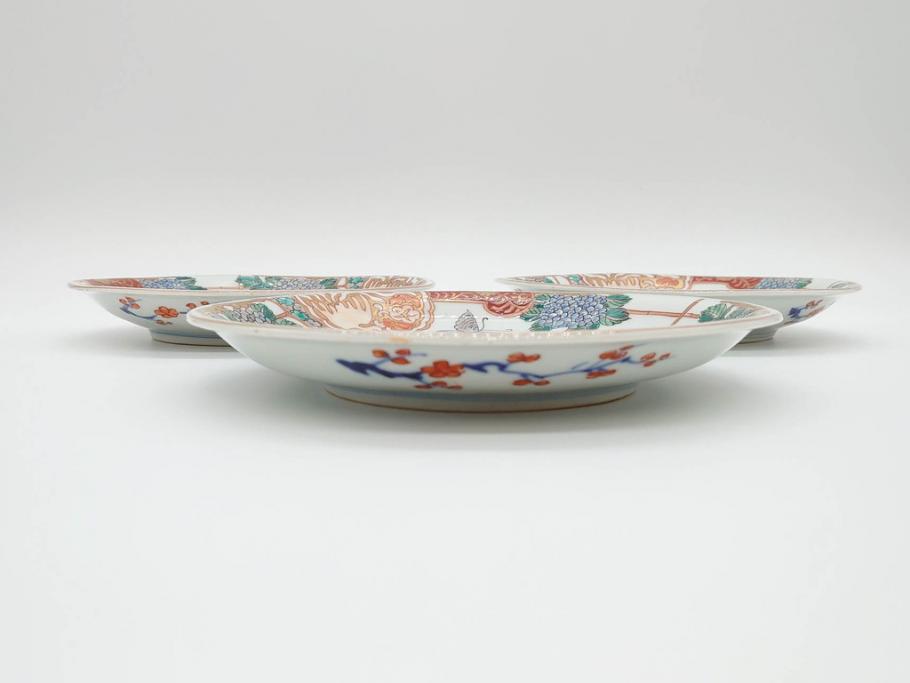 幕末　伊万里　色絵　7寸　約22cm　優雅に舞う蝶のデザインが魅力の中皿3枚セット(花蝶、鳳凰、鳥、竹、紫陽花、和食器、七寸)(R-070264)