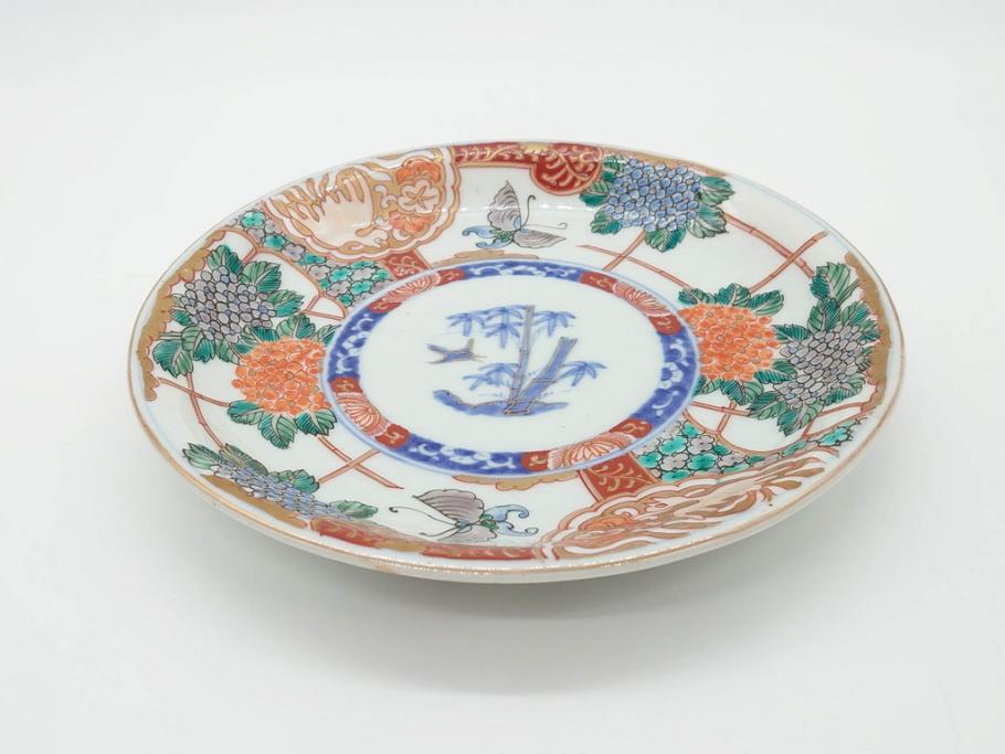 幕末　伊万里　色絵　7寸　約22cm　優雅に舞う蝶のデザインが魅力の中皿3枚セット(花蝶、鳳凰、鳥、竹、紫陽花、和食器、七寸)(R-070264)