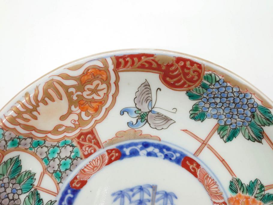 幕末　伊万里　色絵　7寸　約22cm　優雅に舞う蝶のデザインが魅力の中皿3枚セット(花蝶、鳳凰、鳥、竹、紫陽花、和食器、七寸)(R-070264)