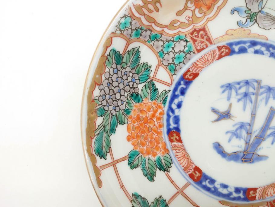 幕末　伊万里　色絵　7寸　約22cm　優雅に舞う蝶のデザインが魅力の中皿3枚セット(花蝶、鳳凰、鳥、竹、紫陽花、和食器、七寸)(R-070264)