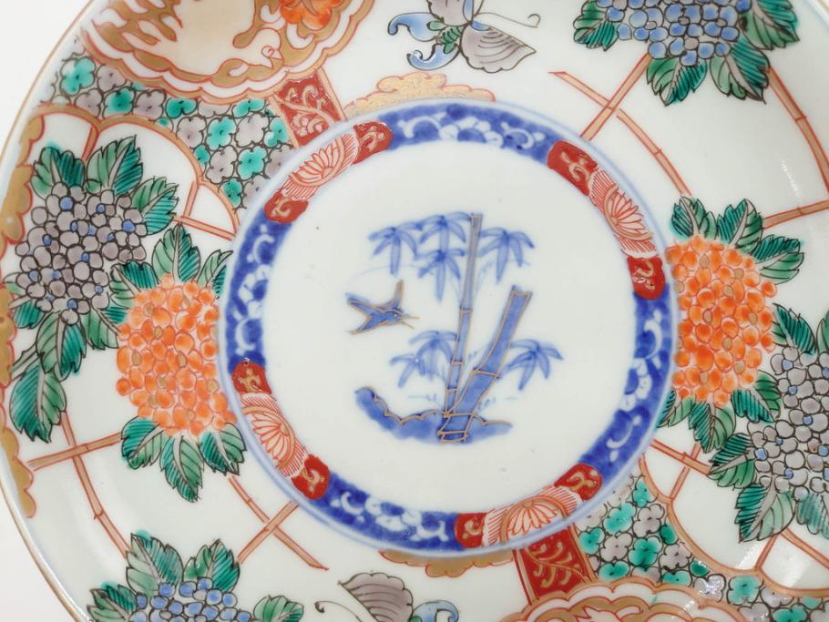 幕末　伊万里　色絵　7寸　約22cm　優雅に舞う蝶のデザインが魅力の中皿3枚セット(花蝶、鳳凰、鳥、竹、紫陽花、和食器、七寸)(R-070264)