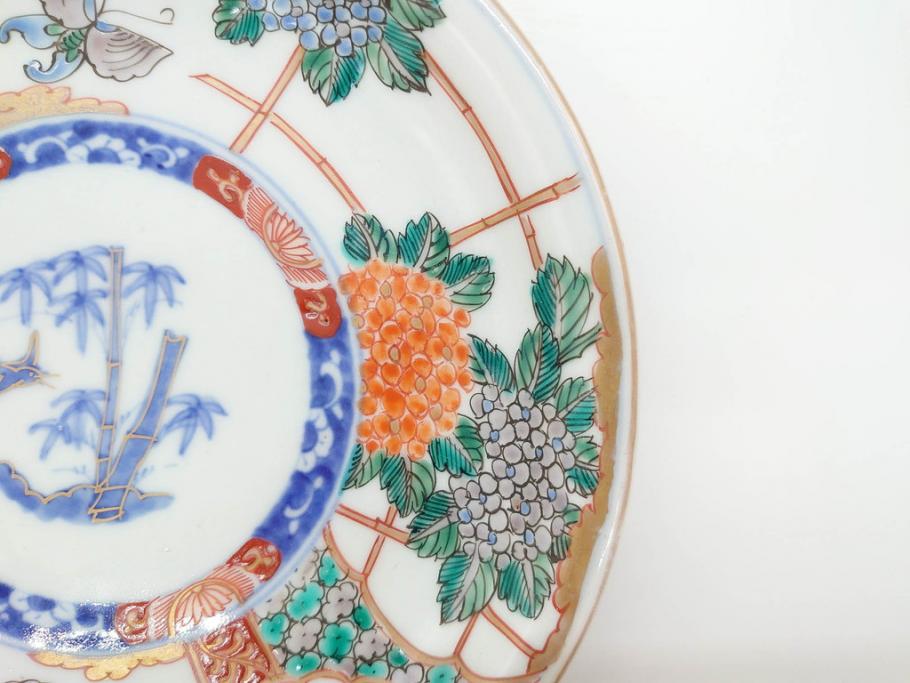 幕末　伊万里　色絵　7寸　約22cm　優雅に舞う蝶のデザインが魅力の中皿3枚セット(花蝶、鳳凰、鳥、竹、紫陽花、和食器、七寸)(R-070264)