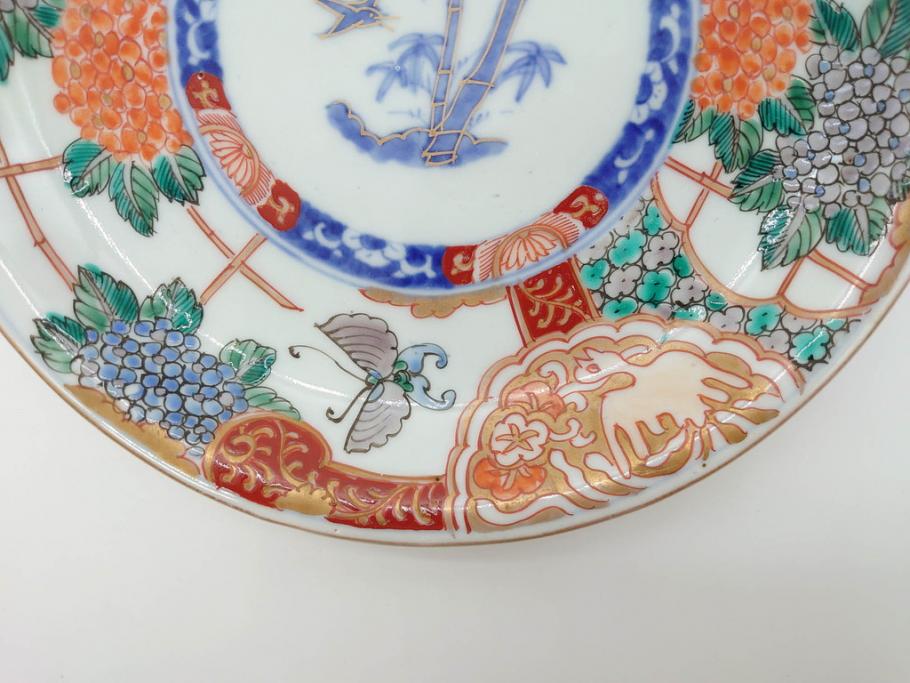 幕末　伊万里　色絵　7寸　約22cm　優雅に舞う蝶のデザインが魅力の中皿3枚セット(花蝶、鳳凰、鳥、竹、紫陽花、和食器、七寸)(R-070264)