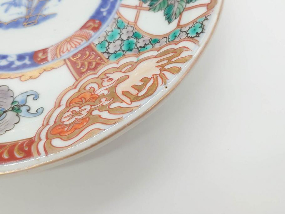 幕末　伊万里　色絵　7寸　約22cm　優雅に舞う蝶のデザインが魅力の中皿3枚セット(花蝶、鳳凰、鳥、竹、紫陽花、和食器、七寸)(R-070264)