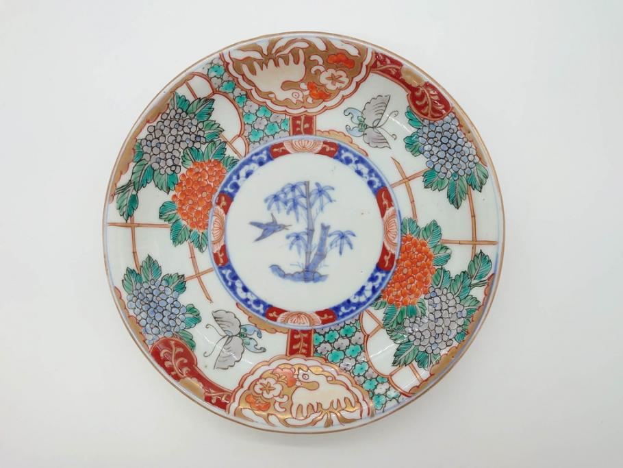 幕末　伊万里　色絵　7寸　約22cm　優雅に舞う蝶のデザインが魅力の中皿3枚セット(花蝶、鳳凰、鳥、竹、紫陽花、和食器、七寸)(R-070264)