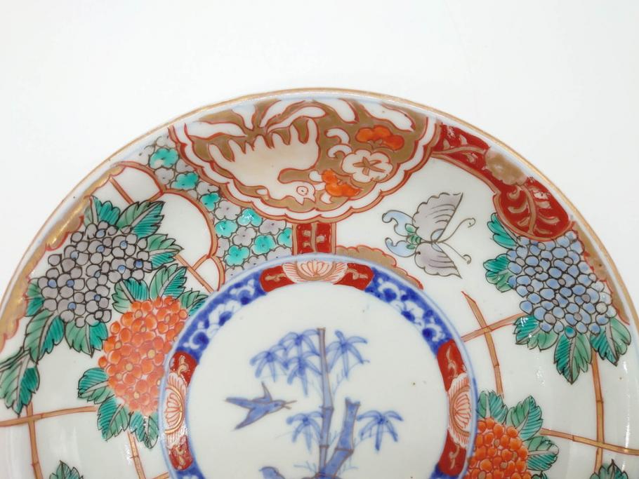幕末　伊万里　色絵　7寸　約22cm　優雅に舞う蝶のデザインが魅力の中皿3枚セット(花蝶、鳳凰、鳥、竹、紫陽花、和食器、七寸)(R-070264)