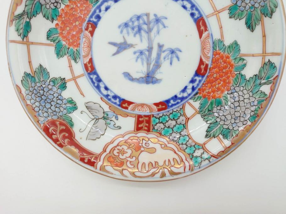 幕末　伊万里　色絵　7寸　約22cm　優雅に舞う蝶のデザインが魅力の中皿3枚セット(花蝶、鳳凰、鳥、竹、紫陽花、和食器、七寸)(R-070264)