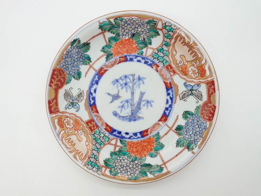 幕末　伊万里　色絵　7寸　約22cm　優雅に舞う蝶のデザインが魅力の中皿3枚セット(花蝶、鳳凰、鳥、竹、紫陽花、和食器、七寸)(R-070264)