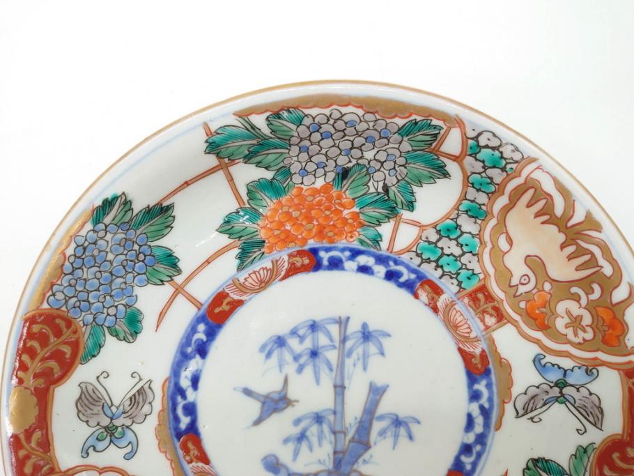 幕末　伊万里　色絵　7寸　約22cm　優雅に舞う蝶のデザインが魅力の中皿3枚セット(花蝶、鳳凰、鳥、竹、紫陽花、和食器、七寸)(R-070264)