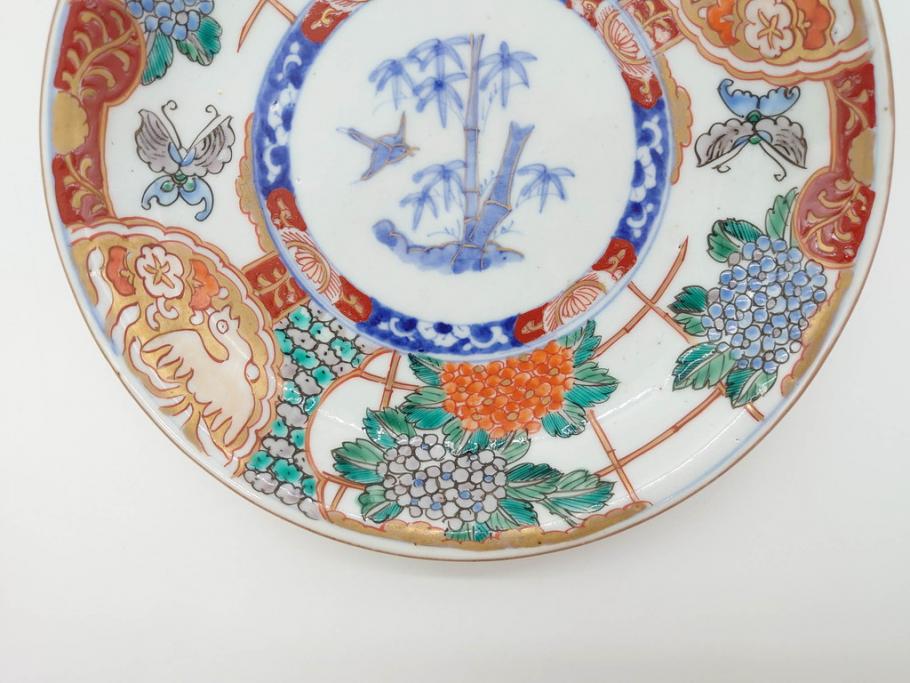 幕末　伊万里　色絵　7寸　約22cm　優雅に舞う蝶のデザインが魅力の中皿3枚セット(花蝶、鳳凰、鳥、竹、紫陽花、和食器、七寸)(R-070264)