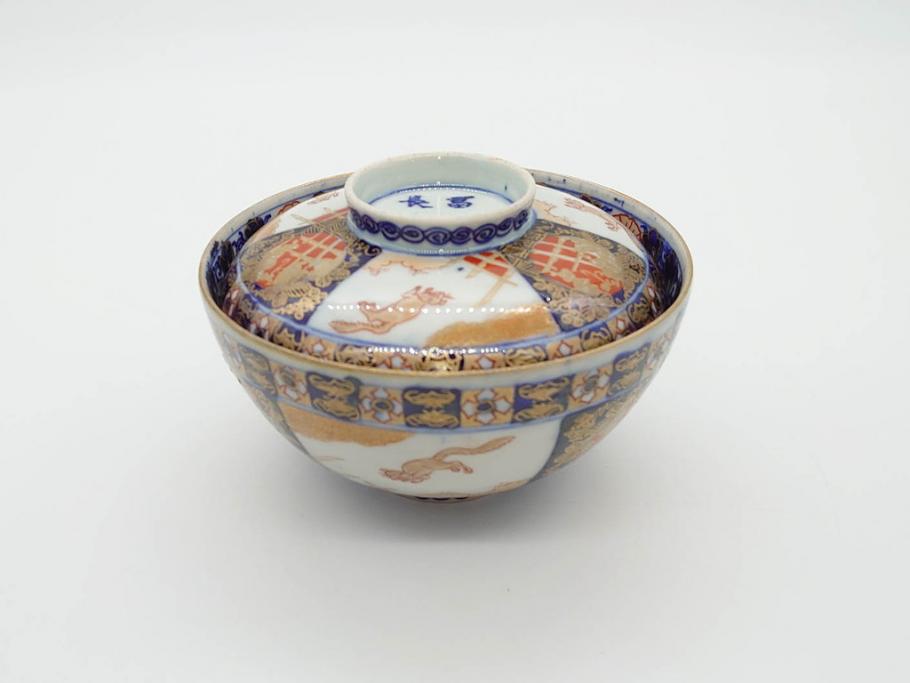 幕末〜明治期　伊万里　4.1寸　約13cm　煌びやかな色絵が目を惹く蓋付き茶碗5客セット(麒麟の図、和食器、四寸一分)(R-070265)