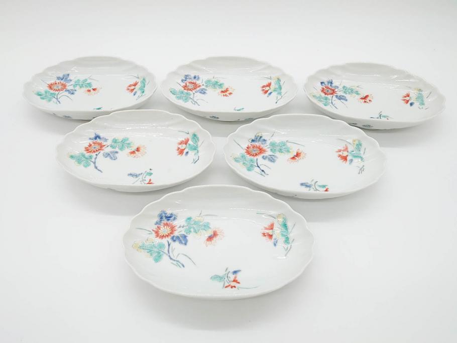 江戸期 色絵 約18cm 5.9寸 シンプルながら上品な雰囲気溢れる変形皿6枚 