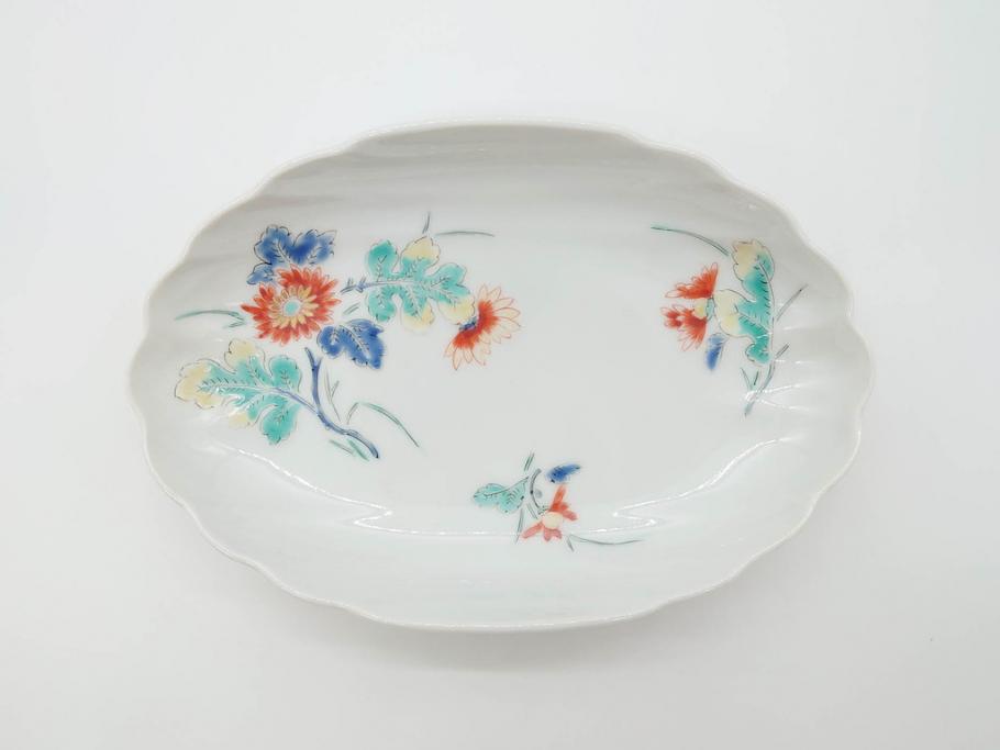 江戸期 色絵 約18cm 5.9寸 シンプルながら上品な雰囲気溢れる変形皿6枚 