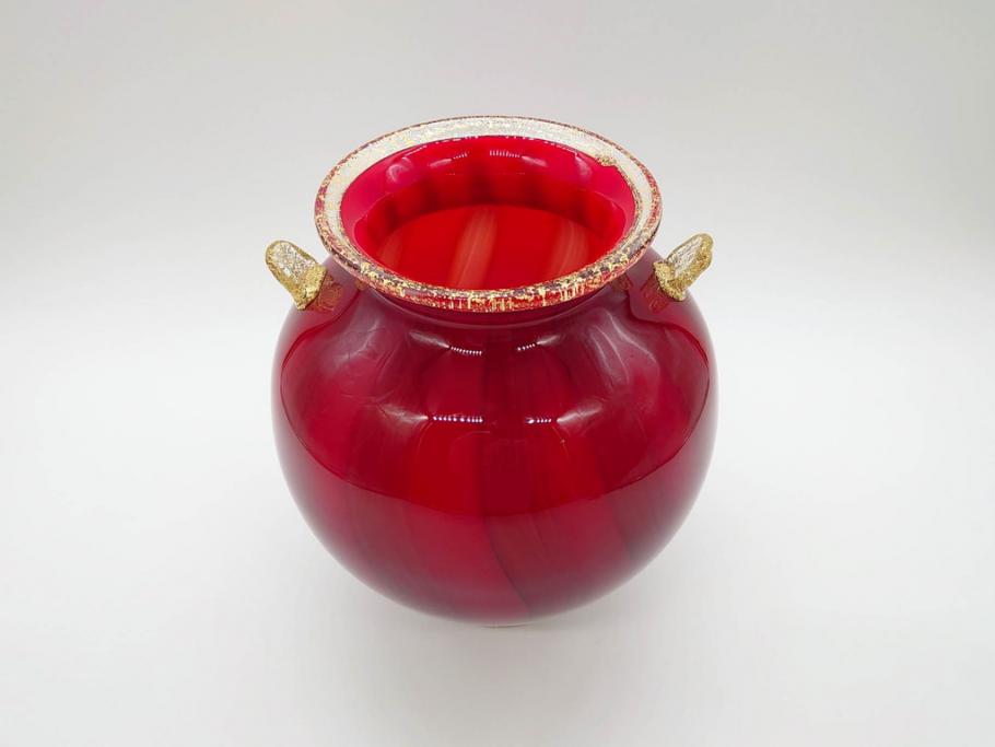 大川薫 玻璃 鮮やかな赤と上品な金の色合いが素敵な花入(ガラス工芸