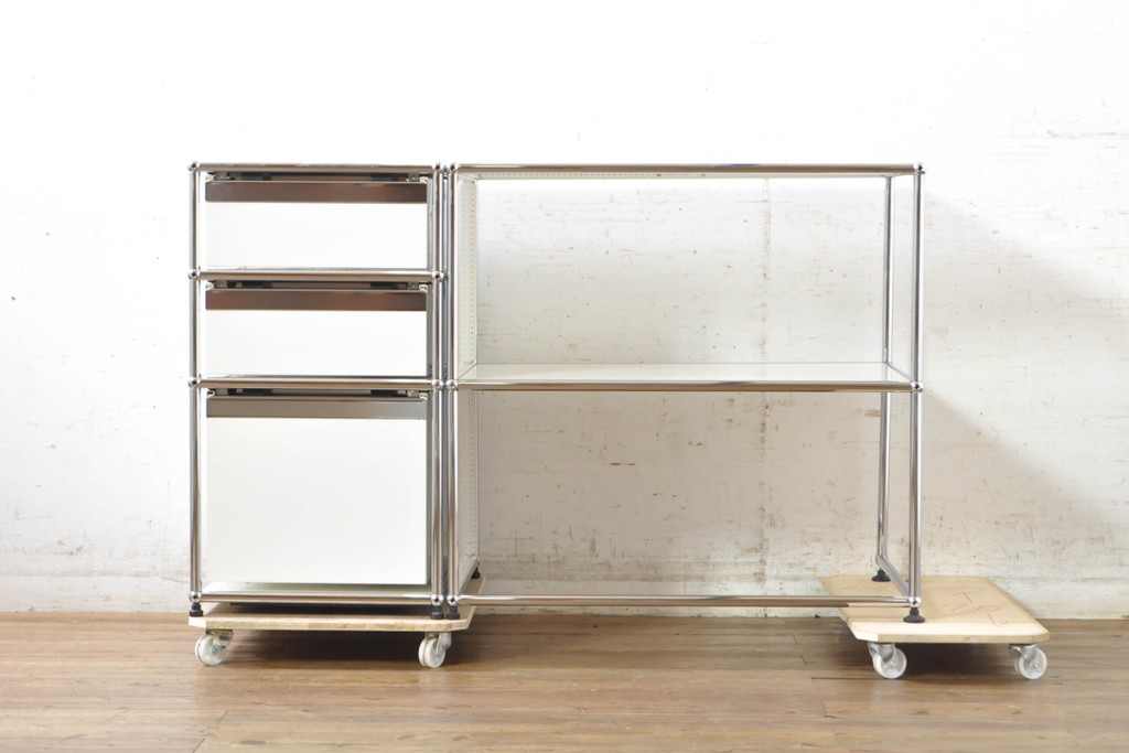 中古　美品　USMハラー(USM Haller)　美しくシンプルなデザインが目を引く鉄製ラックとサイドチェストのセット(サイドボード、サイドキャビネット、デスクワゴン、引き出し、オープンラック、飾り棚)(R-074373)