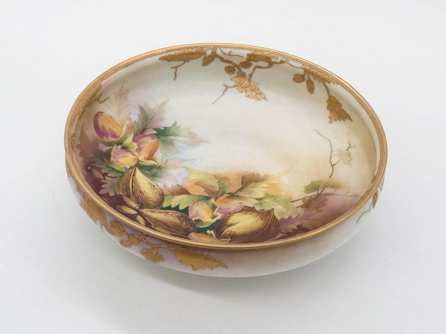 明治～大正期　オールドノリタケ　NORITAKE　木の実　金彩　金盛　ハンドペイント　自然モチーフが繊細な筆致と豊かな色彩で描かれた優雅な雰囲気のボウル(深皿、鉢、プレート、洋食器)(R-083291)