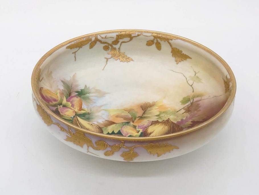 明治～大正期　オールドノリタケ　NORITAKE　木の実　金彩　金盛　ハンドペイント　自然モチーフが繊細な筆致と豊かな色彩で描かれた優雅な雰囲気のボウル(深皿、鉢、プレート、洋食器)(R-083291)
