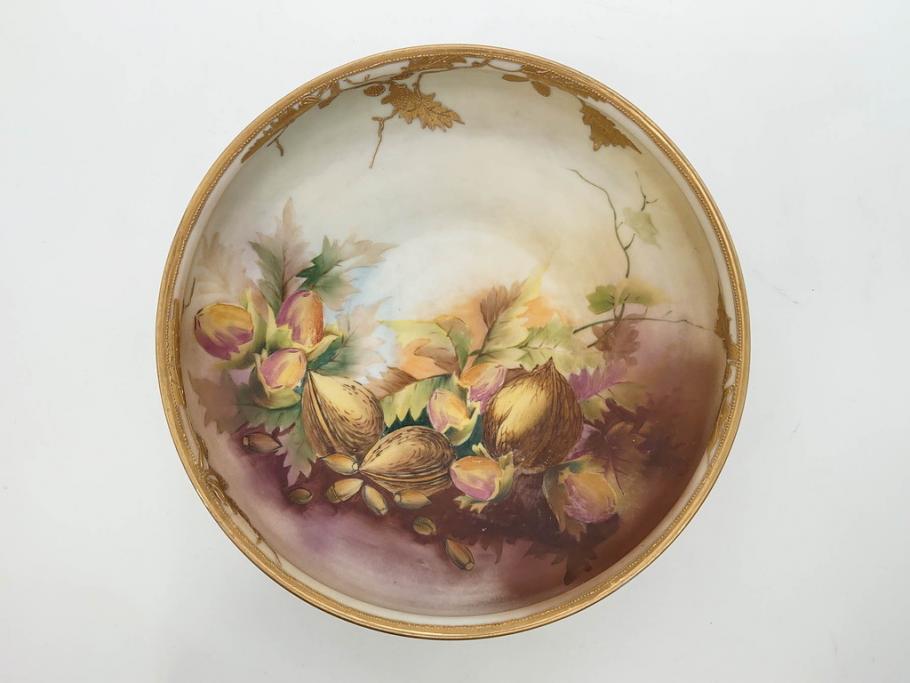 明治～大正期　オールドノリタケ　NORITAKE　木の実　金彩　金盛　ハンドペイント　自然モチーフが繊細な筆致と豊かな色彩で描かれた優雅な雰囲気のボウル(深皿、鉢、プレート、洋食器)(R-083291)